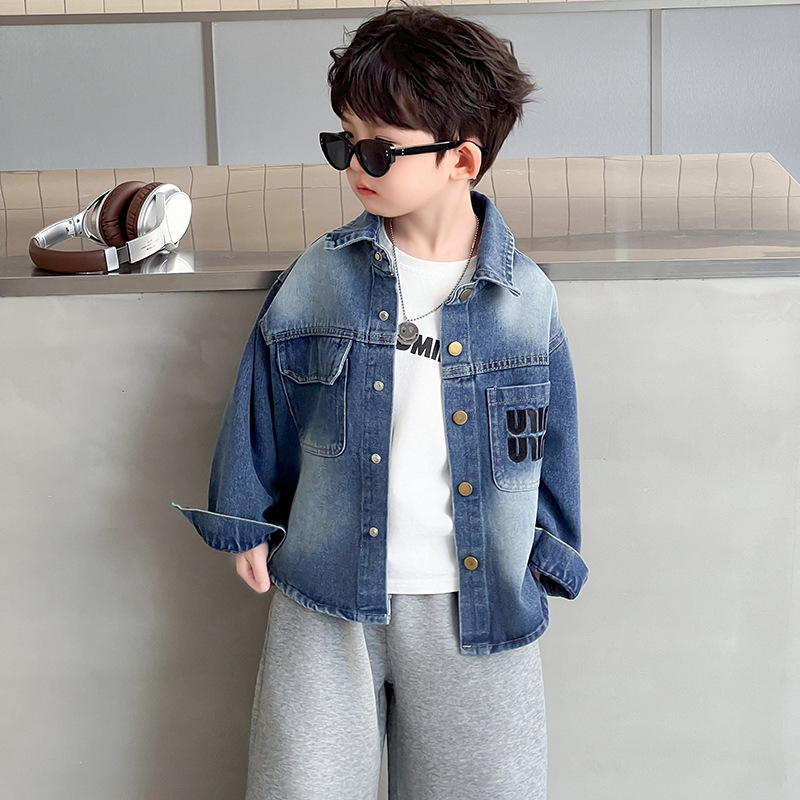 Cămașă din denim pentru băieți, stil coreean, guler rever, mâneci lungi, culoare solidă