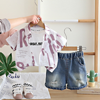 Unisex denimski trodijelni ljetni komplet za djecu 1–3 godine: košulja s kratkim rukavima s printom slova tie-dye, prsluk i šorcevi