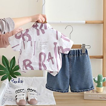 Unisex denimski trodijelni ljetni komplet za djecu 1–3 godine: košulja s kratkim rukavima s printom slova tie-dye, prsluk i šorcevi