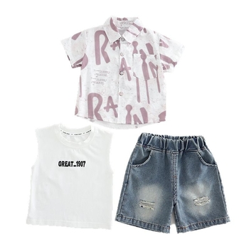 Unisex denimski trodijelni ljetni komplet za djecu 1–3 godine: košulja s kratkim rukavima s printom slova tie-dye, prsluk i šorcevi