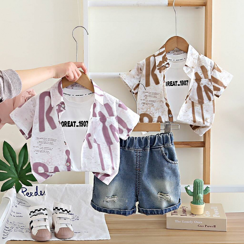 Unisex denimski trodijelni ljetni komplet za djecu 1–3 godine: košulja s kratkim rukavima s printom slova tie-dye, prsluk i šorcevi