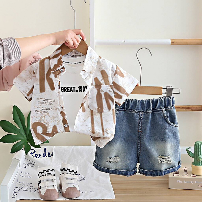Unisex denimski trodijelni ljetni komplet za djecu 1–3 godine: košulja s kratkim rukavima s printom slova tie-dye, prsluk i šorcevi