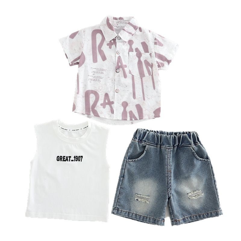 Unisex denimski trodijelni ljetni komplet za djecu 1–3 godine: košulja s kratkim rukavima s printom slova tie-dye, prsluk i šorcevi