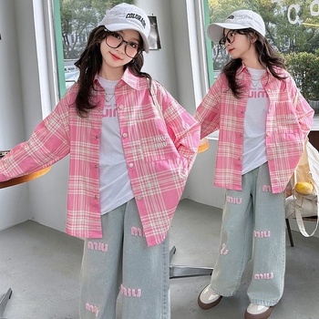 Lemon Deer koreai stílusú háromdarabos szett lányoknak – kockás ing és farmer