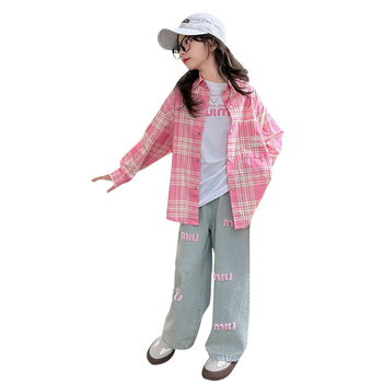 Lemon Deer koreai stílusú háromdarabos szett lányoknak – kockás ing és farmer