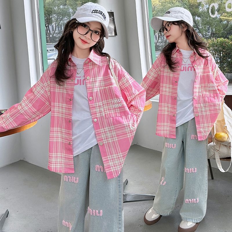 Lemon Deer koreai stílusú háromdarabos szett lányoknak – kockás ing és farmer