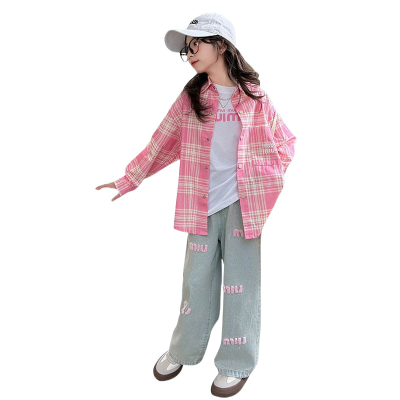 Lemon Deer koreai stílusú háromdarabos szett lányoknak – kockás ing és farmer