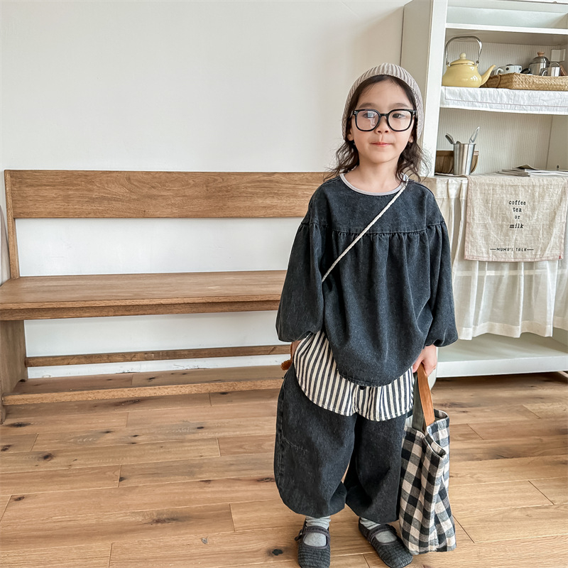 Koreai stílusú gyerekeknek való pamut ing, hosszú ujjú, kerek nyakú, 90% pamut, lányoknak 3–8 évnek megfelelő