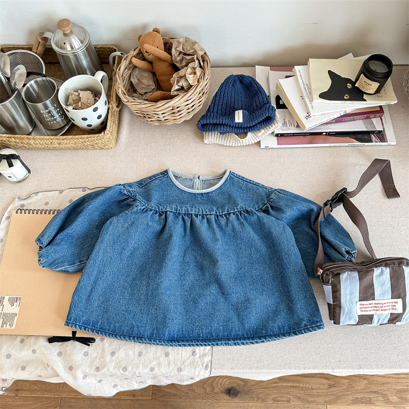 Koreai stílusú gyerekeknek való pamut ing, hosszú ujjú, kerek nyakú, 90% pamut, lányoknak 3–8 évnek megfelelő