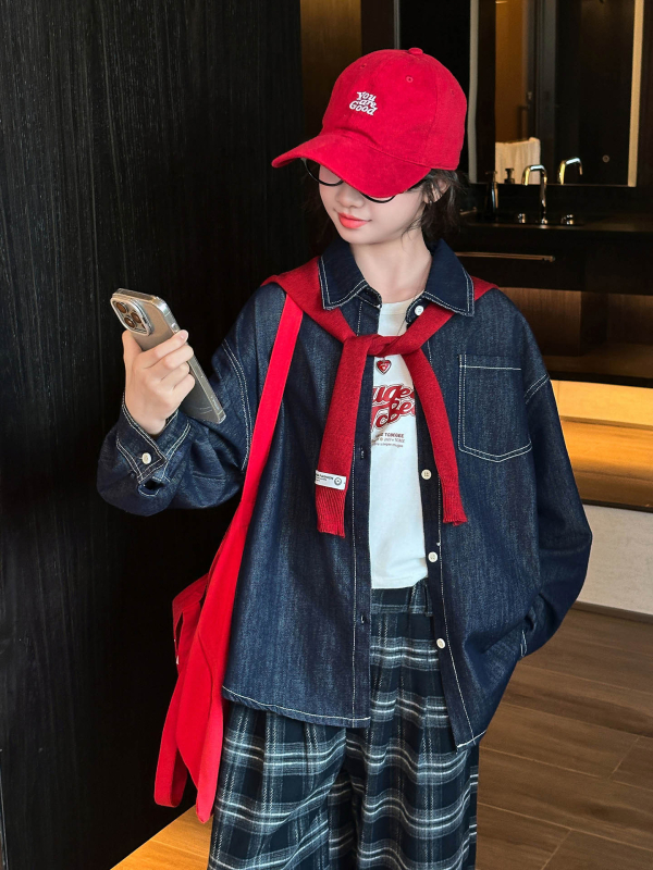 Geacă denim pentru fete, din bumbac, culoare solidă, închidere cu nasturi, fără glugă, grosime medie, potrivită primăvară-toamnă, pentru copii peste 8 ani