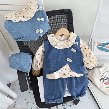 Trodjelni dječji set: denim prsluk, dugi rukav top i cvjetna košulja, 95% pamuk