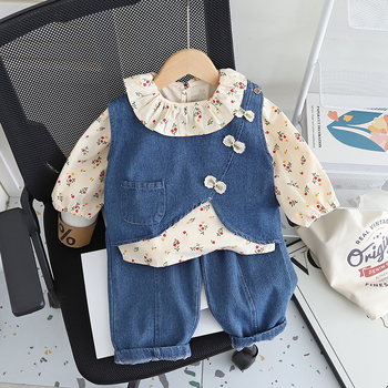Trodjelni dječji set: denim prsluk, dugi rukav top i cvjetna košulja, 95% pamuk