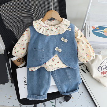 Trodjelni dječji set: denim prsluk, dugi rukav top i cvjetna košulja, 95% pamuk