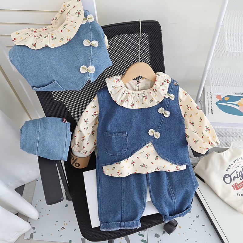 Trodjelni dječji set: denim prsluk, dugi rukav top i cvjetna košulja, 95% pamuk