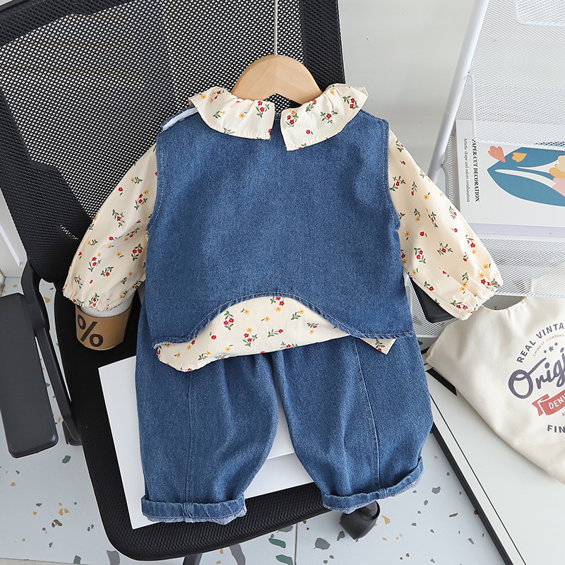 Trodjelni dječji set: denim prsluk, dugi rukav top i cvjetna košulja, 95% pamuk