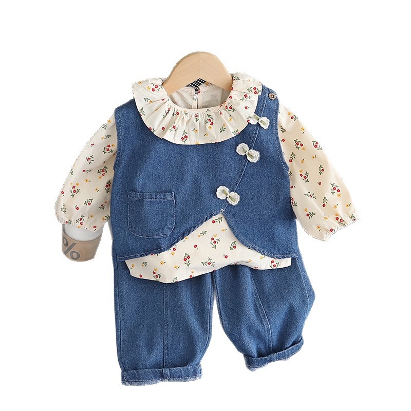 Trodjelni dječji set: denim prsluk, dugi rukav top i cvjetna košulja, 95% pamuk