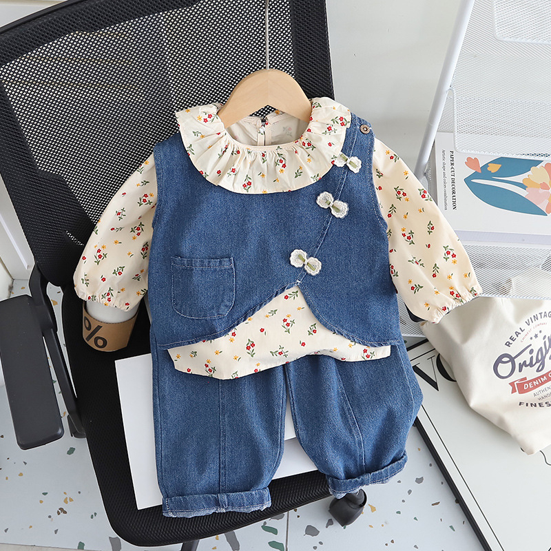 Trodjelni dječji set: denim prsluk, dugi rukav top i cvjetna košulja, 95% pamuk