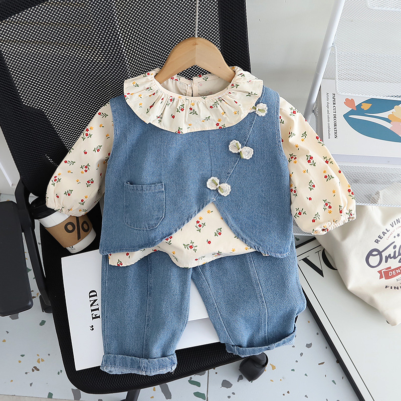 Trodjelni dječji set: denim prsluk, dugi rukav top i cvjetna košulja, 95% pamuk