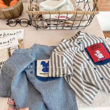Dječja košulja s kratkim rukavima u korejskom stilu, denim efekt, ovratnik lapel, mekana pamučna tkanina 90%, ljeto 2025