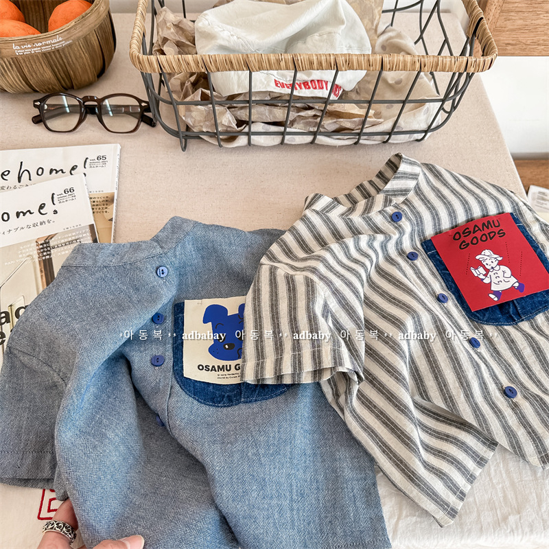 Dječja košulja s kratkim rukavima u korejskom stilu, denim efekt, ovratnik lapel, mekana pamučna tkanina 90%, ljeto 2025
