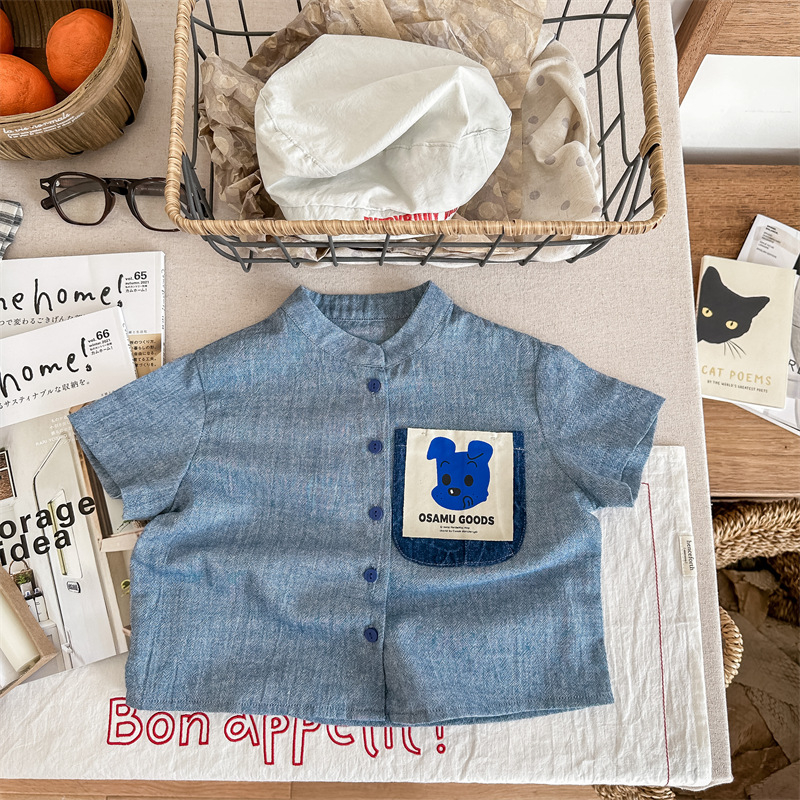 Dječja košulja s kratkim rukavima u korejskom stilu, denim efekt, ovratnik lapel, mekana pamučna tkanina 90%, ljeto 2025