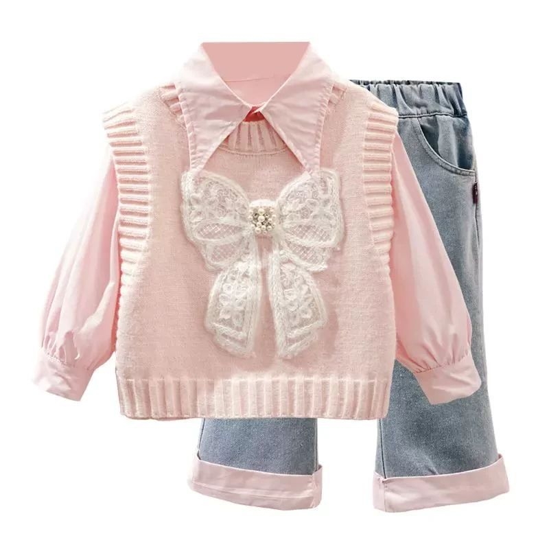 Djevojački trodijelni proljetni komplet: vest, košulja i traperice; dugi rukavi; tanka tkanina; materijal Rayon; glavna tkanina: krzno zeca 80–90%