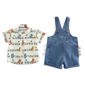 Dječji dvodijelni set s trakama, kratke rukave, denim, crtani uzorak, pamuk, ljeto, za djecu 1–3 godine