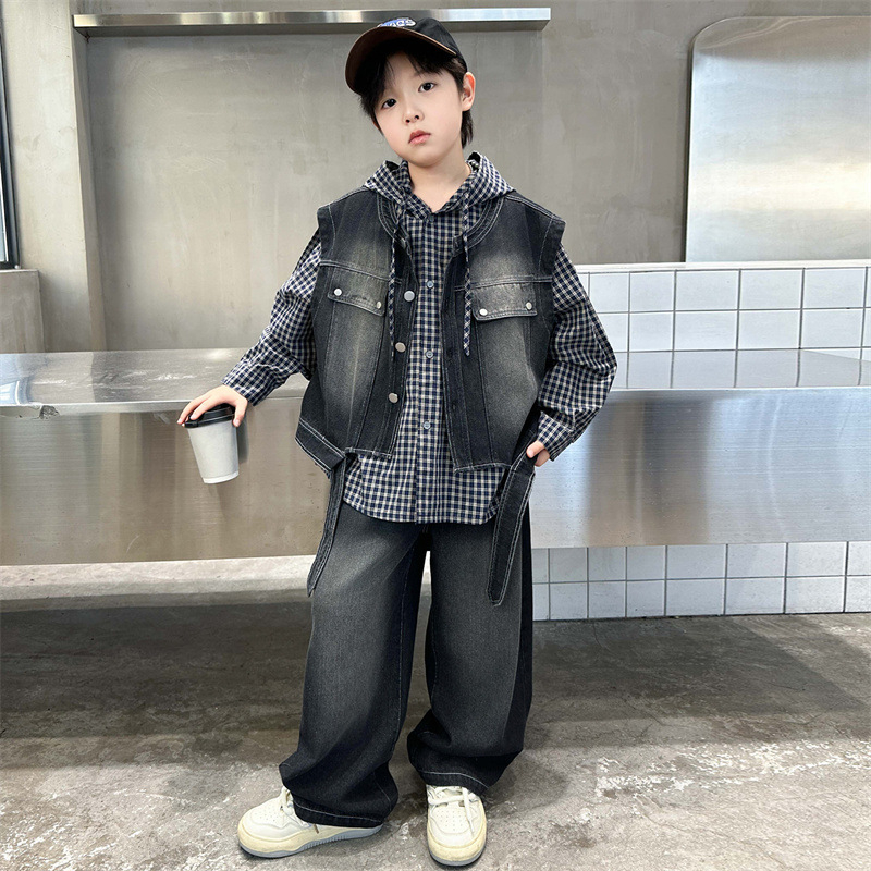Dječji denim trodijelni set s kariranim uzorkom, jesenski