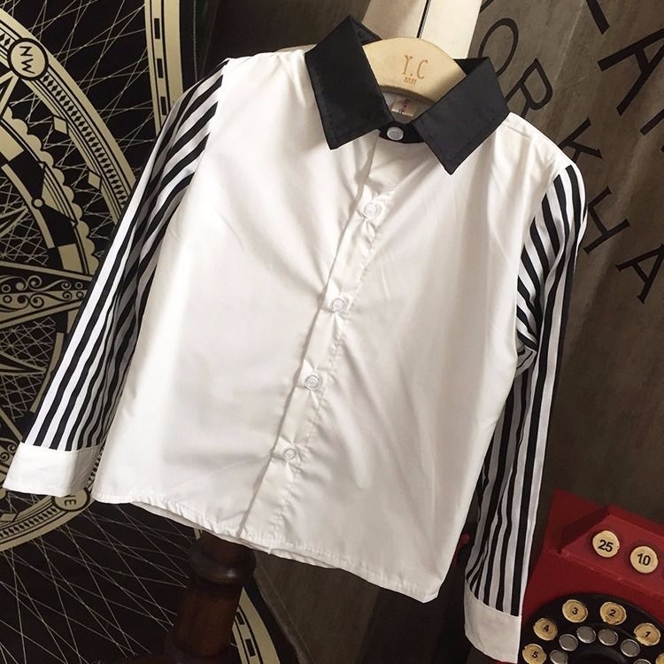 Dječja košulja s dugim rukavima, korejskog stila, prugasta, ovratnik lapel, pamuk-mješavina 85% pamuka, za djecu 3–8 godina, sve sezone