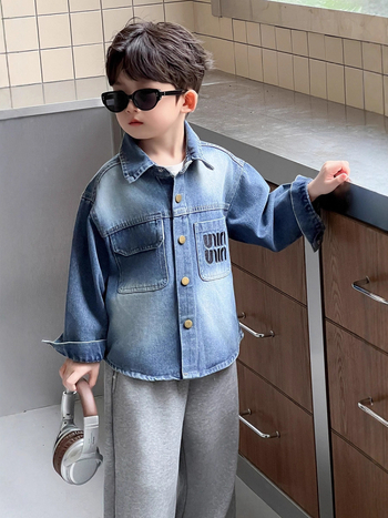 Дънкова риза за момчета, корейски стил, яка с лафел, дълги ръкави, еднотонна, мека обработка на тъканта, за деца 3–8 г., пролет–есен 2025