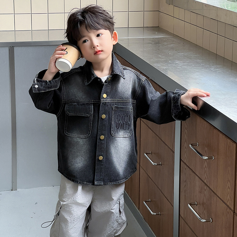 Дънкова риза за момчета, корейски стил, яка с лафел, дълги ръкави, еднотонна, мека обработка на тъканта, за деца 3–8 г., пролет–есен 2025