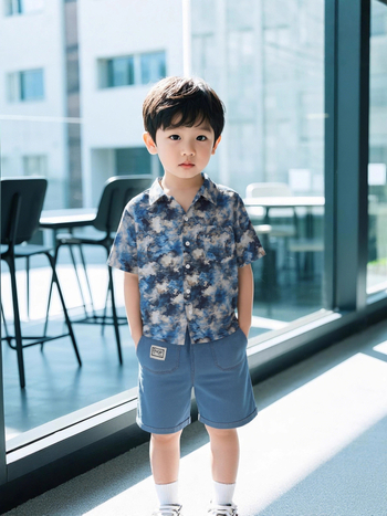 Koreai stílusú fiú nyári ruhaszett, két részes: rövidujjú ing és rövidnadrág, 95% pamut, 3–8 éveseknek, nyárra