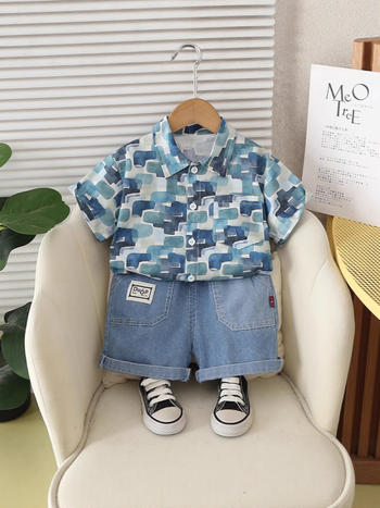 Koreai stílusú fiú nyári ruhaszett, két részes: rövidujjú ing és rövidnadrág, 95% pamut, 3–8 éveseknek, nyárra