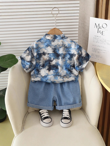 Koreai stílusú fiú nyári ruhaszett, két részes: rövidujjú ing és rövidnadrág, 95% pamut, 3–8 éveseknek, nyárra