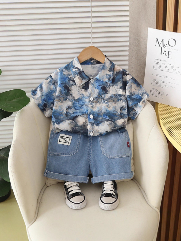 Koreai stílusú fiú nyári ruhaszett, két részes: rövidujjú ing és rövidnadrág, 95% pamut, 3–8 éveseknek, nyárra