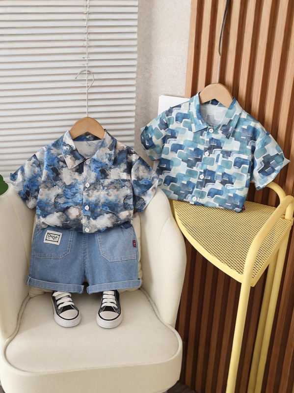 Koreai stílusú fiú nyári ruhaszett, két részes: rövidujjú ing és rövidnadrág, 95% pamut, 3–8 éveseknek, nyárra