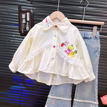 Dječji dvodijelni set: majica s crtanim otiskom i traperice, korejski stil, poliester tkanina, proljeće–jesen 2025 (uzrast 3–8 godina)