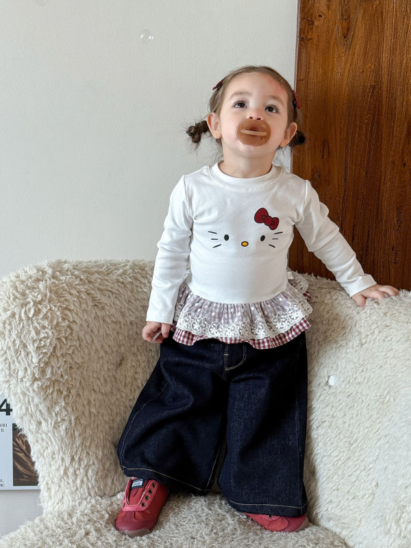 Dječje hlače za djevojčice – korejski stil, srednji porast, pamuk džins, sastav 48% pamuk, 37% lyocell, 14% poliester, 1% elastan, jesen 2025, uzrast 1–3 godine