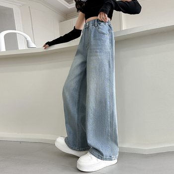 Dječje traperice za djevojčice s flisom, visokim strukom, široke ravne nogavice, elastični pojas, za djecu 8+ godina (iznad 140 cm)