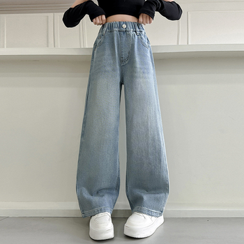 Dječje traperice za djevojčice s flisom, visokim strukom, široke ravne nogavice, elastični pojas, za djecu 8+ godina (iznad 140 cm)