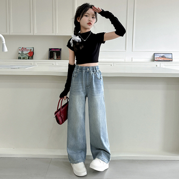 Dječje traperice za djevojčice s flisom, visokim strukom, široke ravne nogavice, elastični pojas, za djecu 8+ godina (iznad 140 cm)