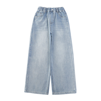 Dječje traperice za djevojčice s flisom, visokim strukom, široke ravne nogavice, elastični pojas, za djecu 8+ godina (iznad 140 cm)