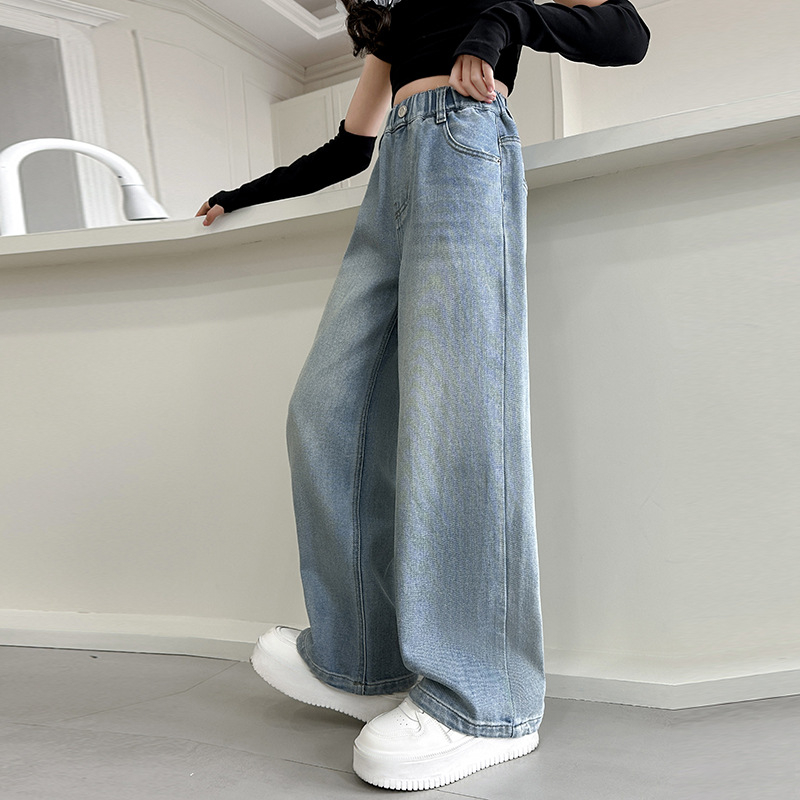 Dječje traperice za djevojčice s flisom, visokim strukom, široke ravne nogavice, elastični pojas, za djecu 8+ godina (iznad 140 cm)