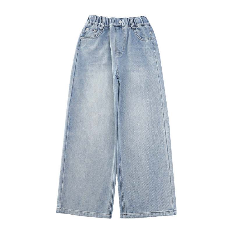 Dječje traperice za djevojčice s flisom, visokim strukom, široke ravne nogavice, elastični pojas, za djecu 8+ godina (iznad 140 cm)