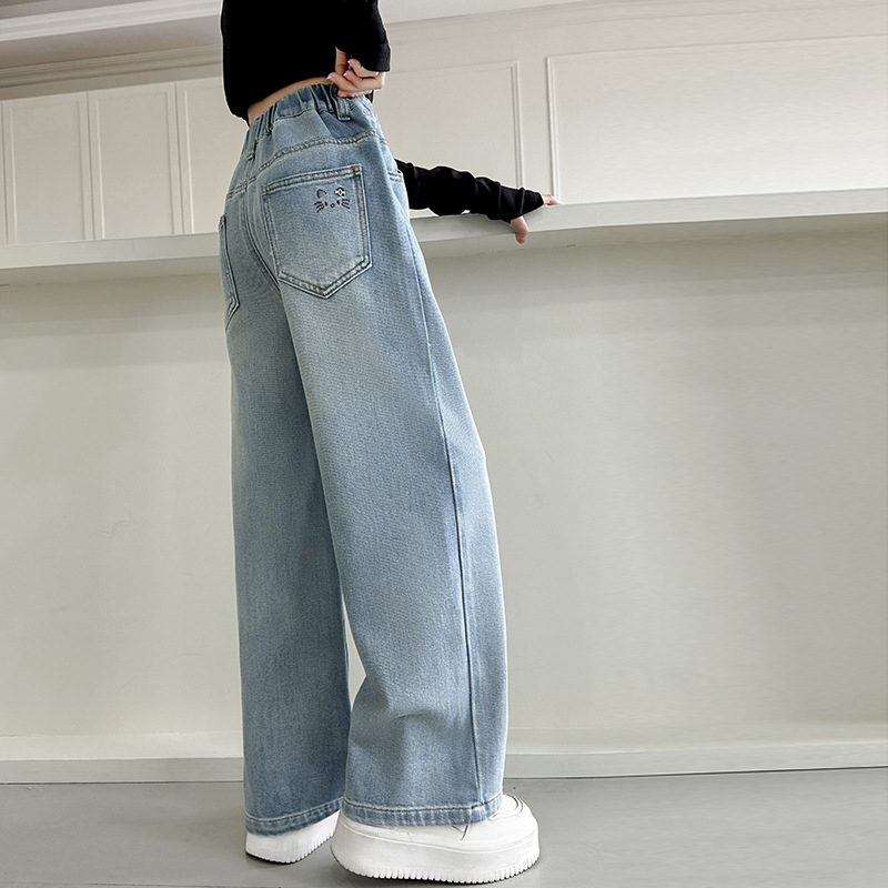 Dječje traperice za djevojčice s flisom, visokim strukom, široke ravne nogavice, elastični pojas, za djecu 8+ godina (iznad 140 cm)