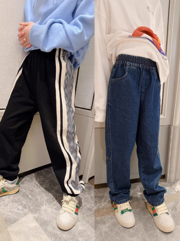 Uniszex gyerekeknek jeans-stílusú nadrág, 100% pamut, csíkos minta, rugalmas derék