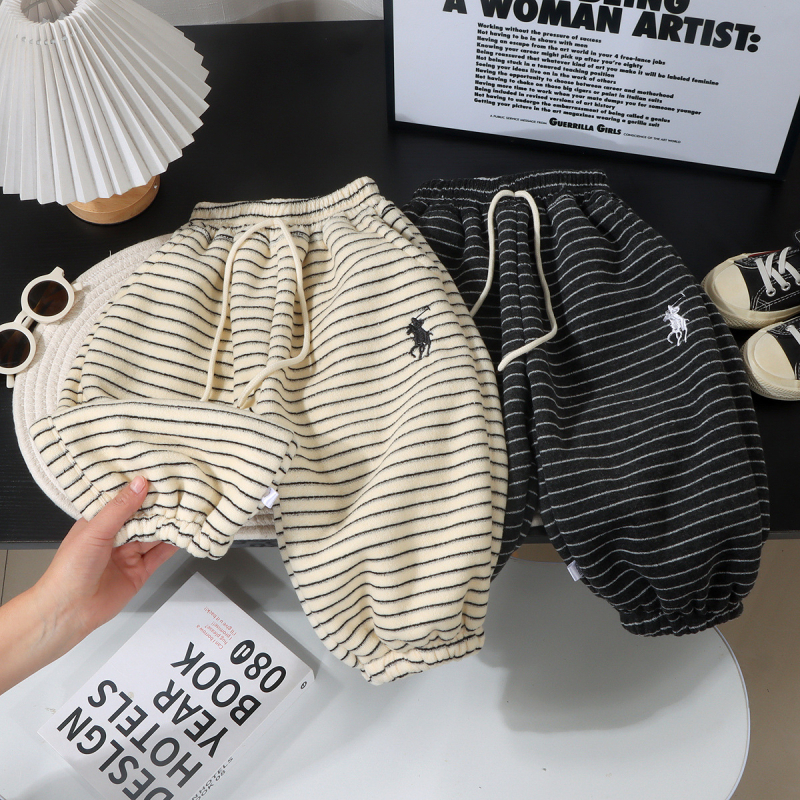 Детски панталони с подплата от флис, дебели за зимата, корейски стил, ежедневни, 100% полиестер, еластична талия, унисекс