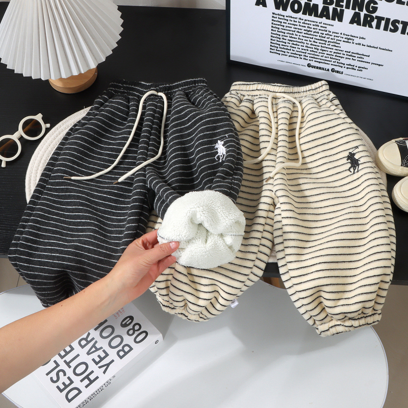 Детски панталони с подплата от флис, дебели за зимата, корейски стил, ежедневни, 100% полиестер, еластична талия, унисекс