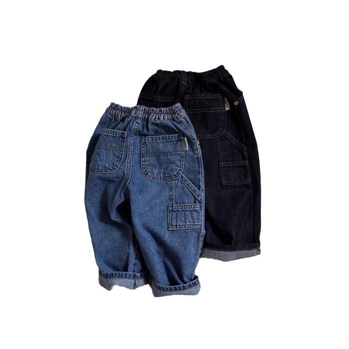 Παιδικά τζιν κορεατικού στυλ με πολλαπλές τσέπες, 93% βαμβάκι, μεσαία μέση, unisex, ίσια γραμμή