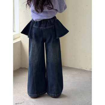 Lányoknak szóló farmernadrág, koreai stílusú, széles láb, középmagas derék, pamut 51–70%